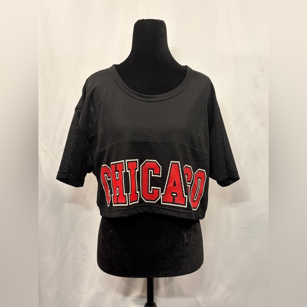 Forever 21 Black Crop Jersey with Red CHICAGO Lettering